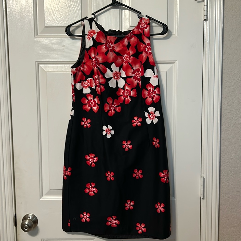 Sandra Darren Sleeveless Black with Red & White Flowers Dress Size 10